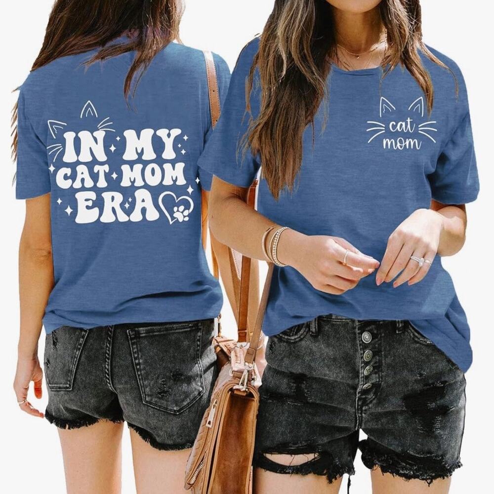 In My Cat Mom Era Blue Graphic Tee Cat Lover Back Graphic T-Shirt Sz M NWOT